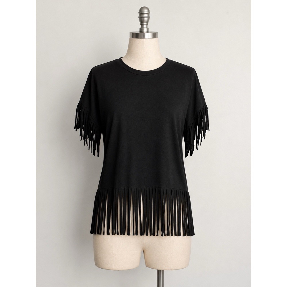 Sunshine & Rodeos Women's Black Fringe Top Sz Small T-shirt Western Cowgirl